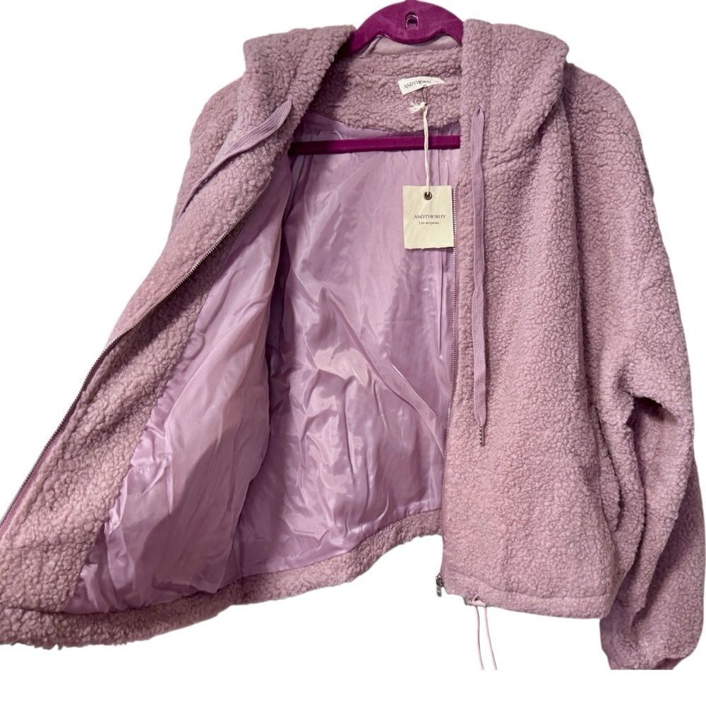 Dusty Pink Sherpa Drawstring Cropped Hooded Jacket Large NWT - And The Why - Picture 15 of 17